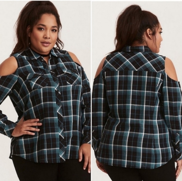 torrid Tops - Torrid Womens Blue/Black Plaid Cold Shoulder Button Up Shirt Size 2